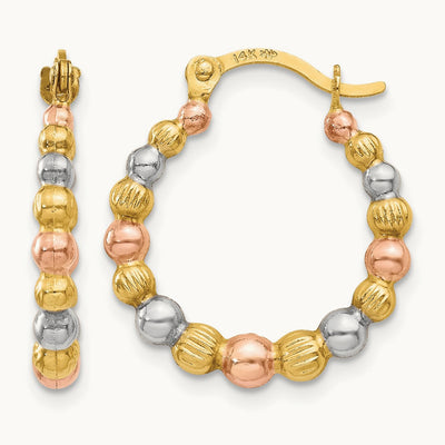 & White and Rose Rhodium Beaded Hoop Earrings, 14K