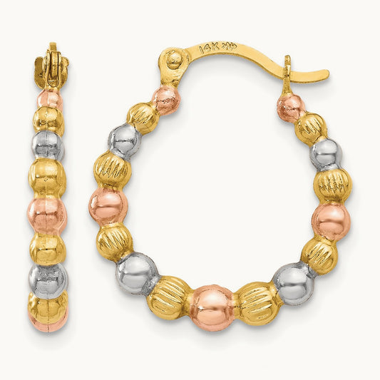 & White and Rose Rhodium Beaded Hoop Earrings, 14K
