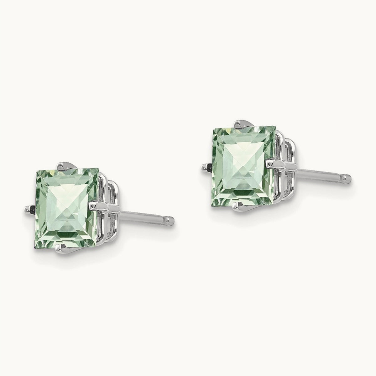 Square Checker-Cut Green Quartz Earrings, 6mm, 14K White Gold