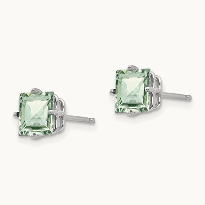 Square Checker-Cut Green Quartz Earrings, 6mm, 14K White Gold