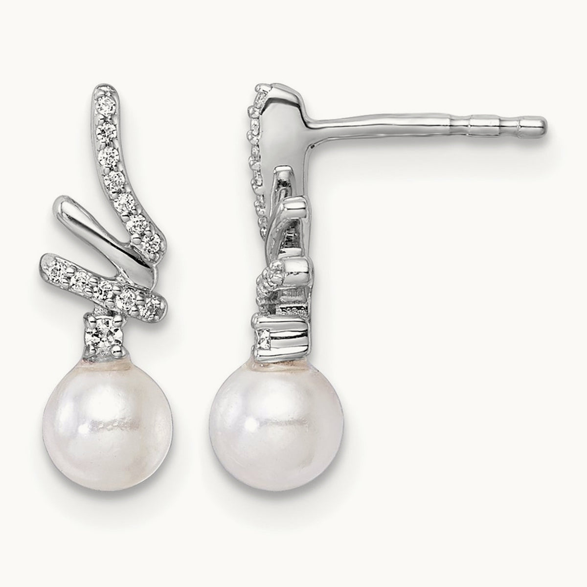 Polished Diamond and Pearl Drop Post Earrings — 14K White Gold