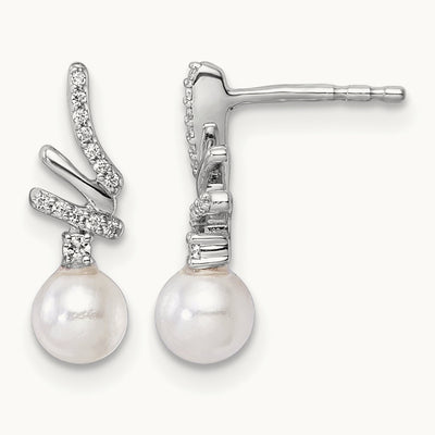 Polished Diamond and Pearl Drop Post Earrings — 14K White Gold