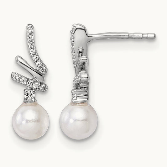 Polished Diamond and Pearl Drop Post Earrings — 14K White Gold