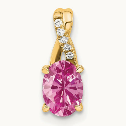 Oval Created Pink Sapphire and Diamond Pendant, 14K