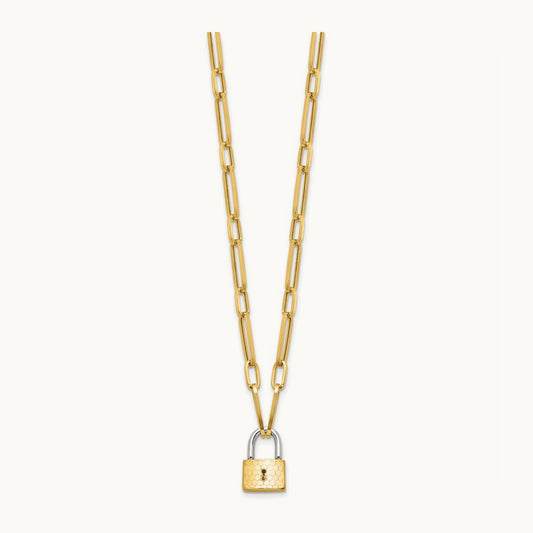 Fancy Link with Lock Necklace, 14K Two-tone