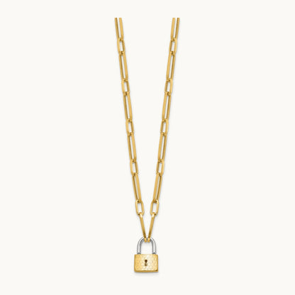 Fancy Link with Lock Necklace, 14K Two-tone
