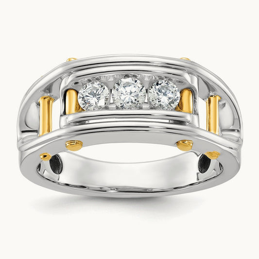 14ktt IBGoodman Men's Polished Grooved Cut-Out 3-Stone Diamond Ring
