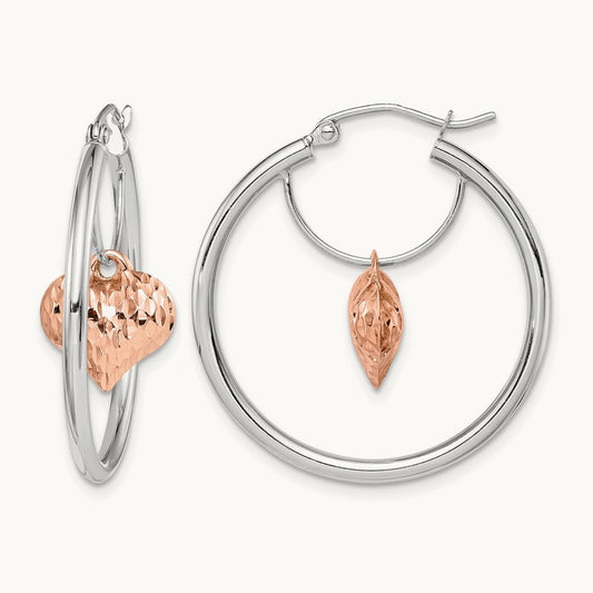 D/C Heart Dangle Hoop Earrings, 14K Two-tone Rose with White