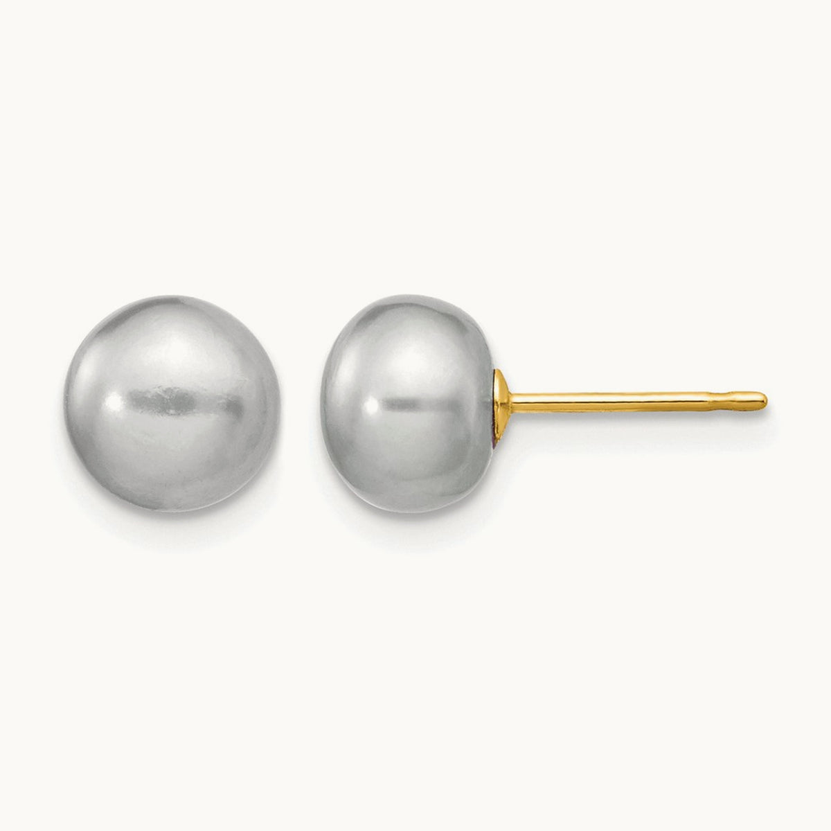 7- Grey Button FW Cultured Pearl Stud Post Earrings, 8mm, 14K