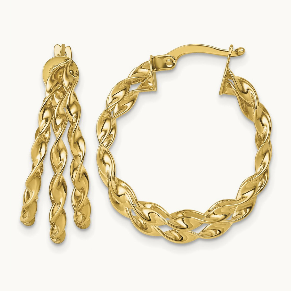Polished Three Strand Twisted Hoop Earrings, 14K