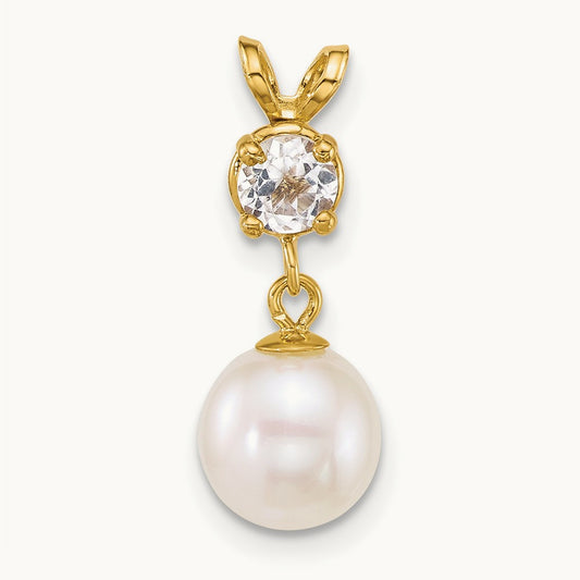 7- Round White FWC Pearl and White Topaz Pendant, 8mm, 14K