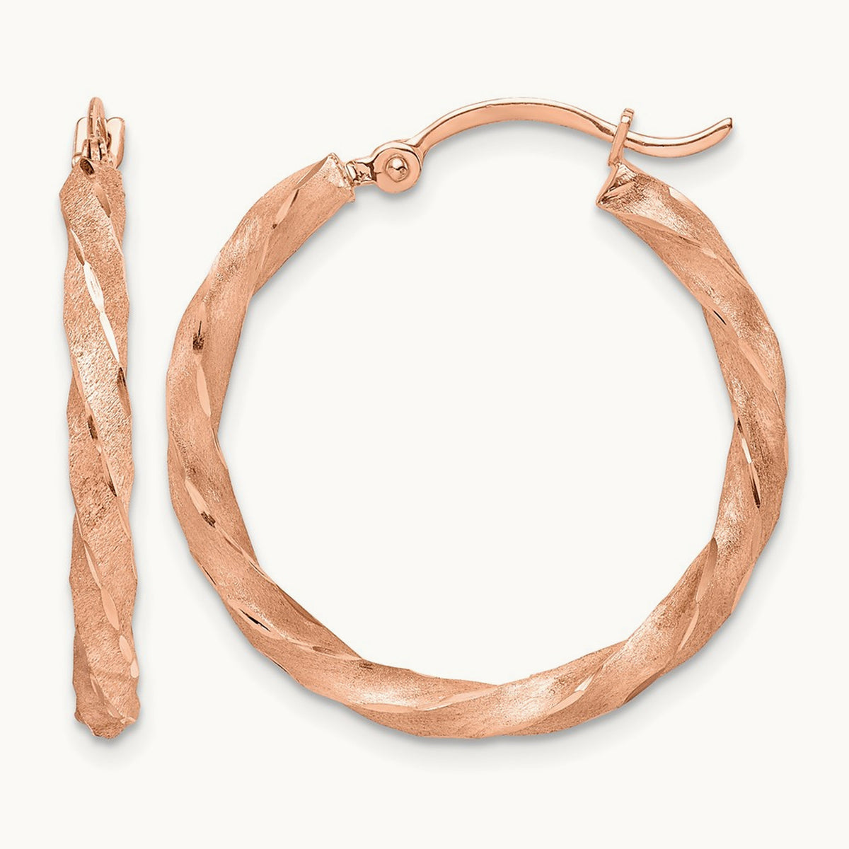 Twisted Satin Diamond-Cut Hoop Earrings — 14K Rose Gold, 26mm