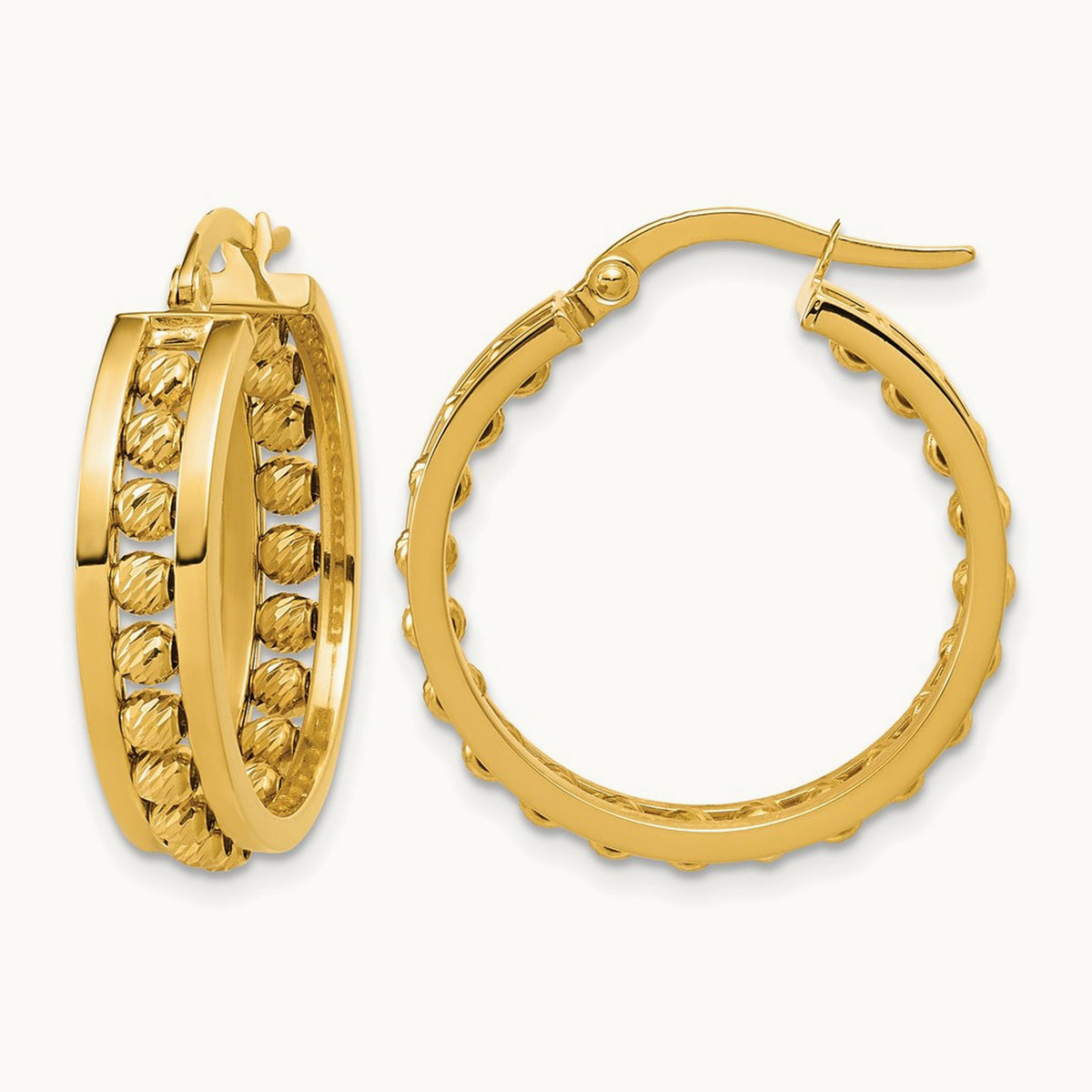Polished and Diamond-cut Beaded Tube Hoop Earrings — 24.5mm