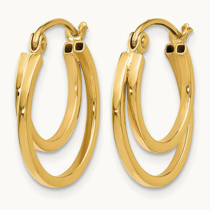 Polished 2 Row Stacked Round Hoop Earrings — 14K Yellow Gold