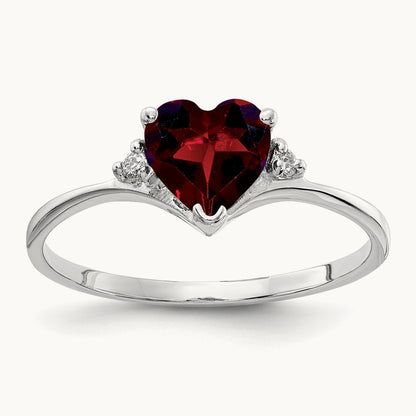 Heart Garnet A Diamond ring, 6mm, 14K White Gold