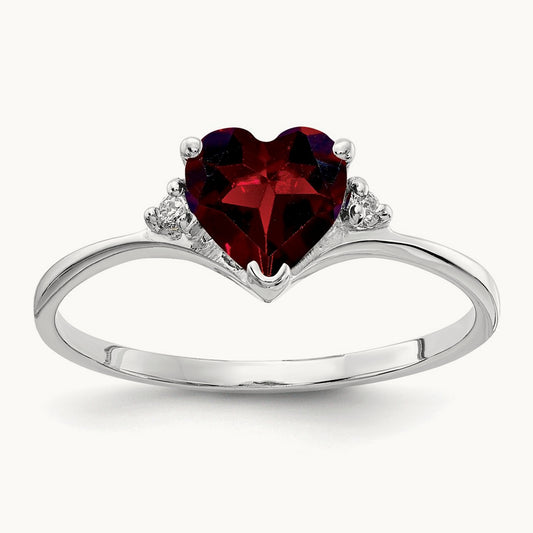 Heart Garnet A Diamond ring, 6mm, 14K White Gold