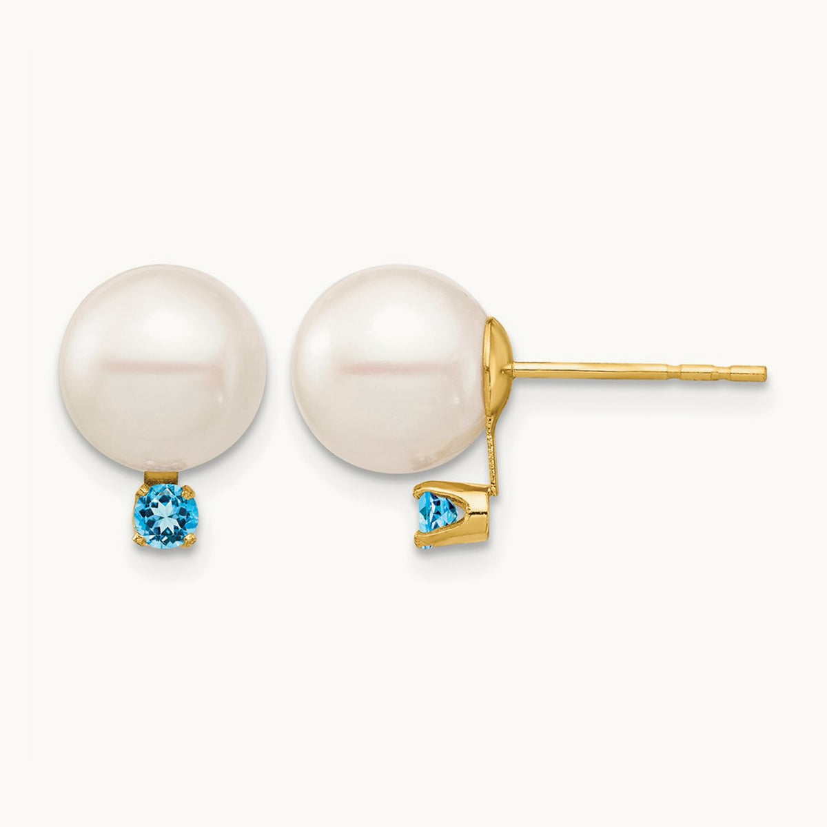 8- White Round FW Cultured Pearl Swiss Blue Topaz Post Earrings, 8.5mm, 14K