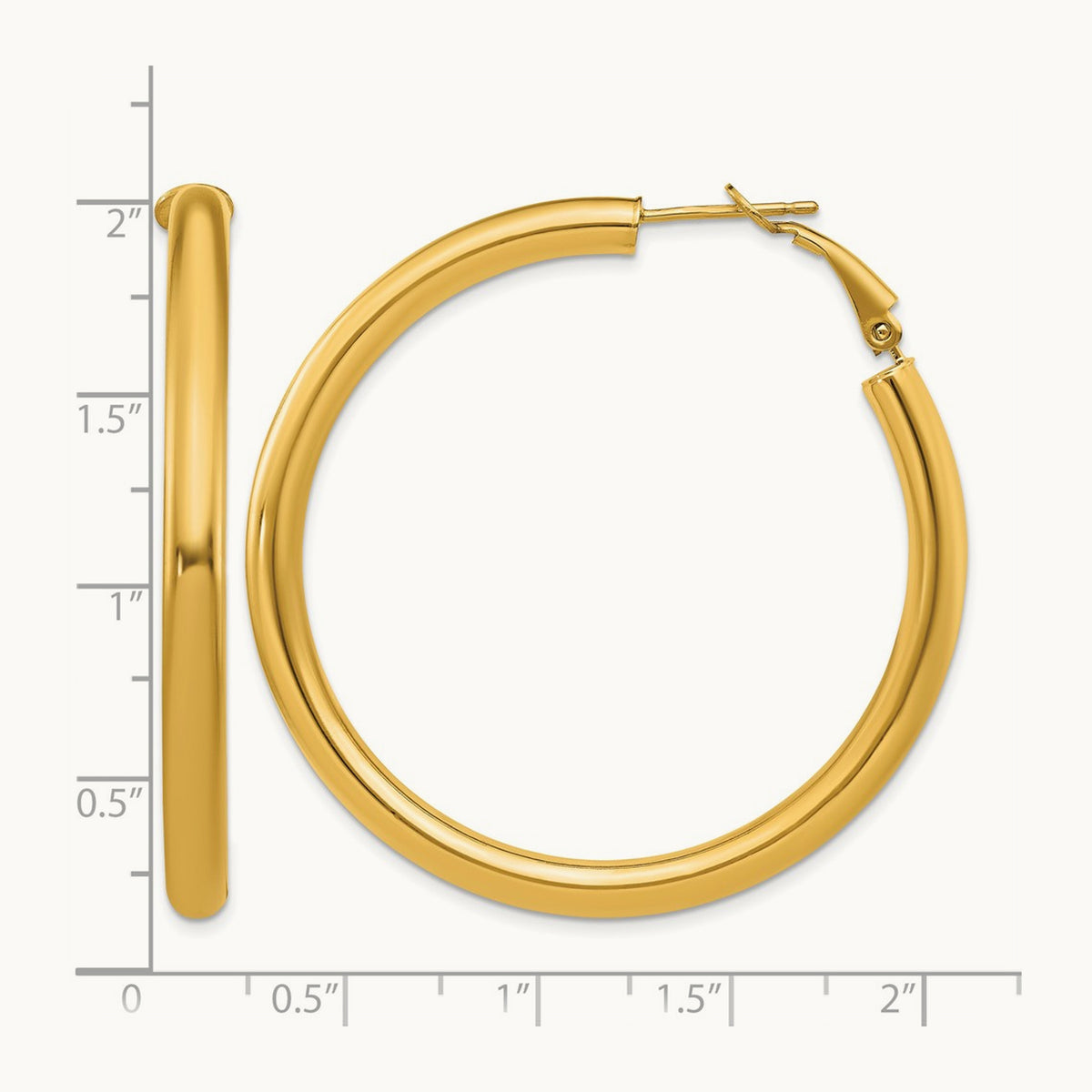 Polished Round Omega Back Hoop Earrings — 14K Yellow Gold, 4x50mm