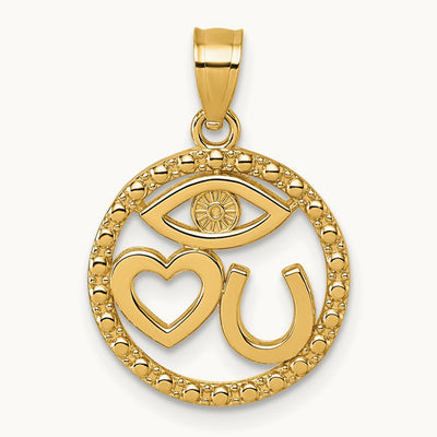 Polished Heart Evil Eye And Horse Shoe In Circle Pendant, 14K