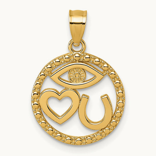 Polished Heart Evil Eye And Horse Shoe In Circle Pendant, 14K
