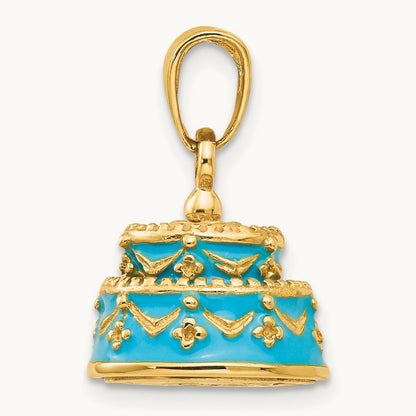 3-D Aqua Blue Enameled HAPPY BIRTHDAY Cake Pendant, 14K