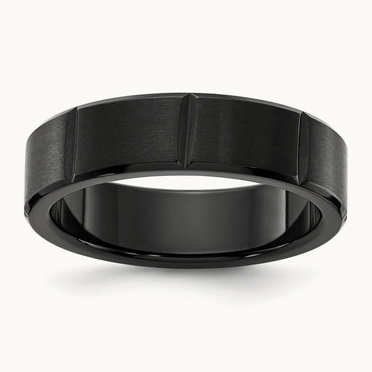Brushed and Polished Black IP-plated Grooved Band, 6mm, Titanium