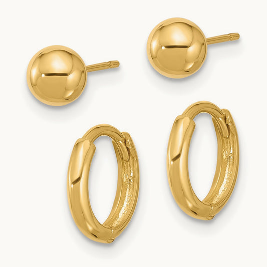 Polished Ball and Hinged Hoop Earring Set, 5mm, 14K
