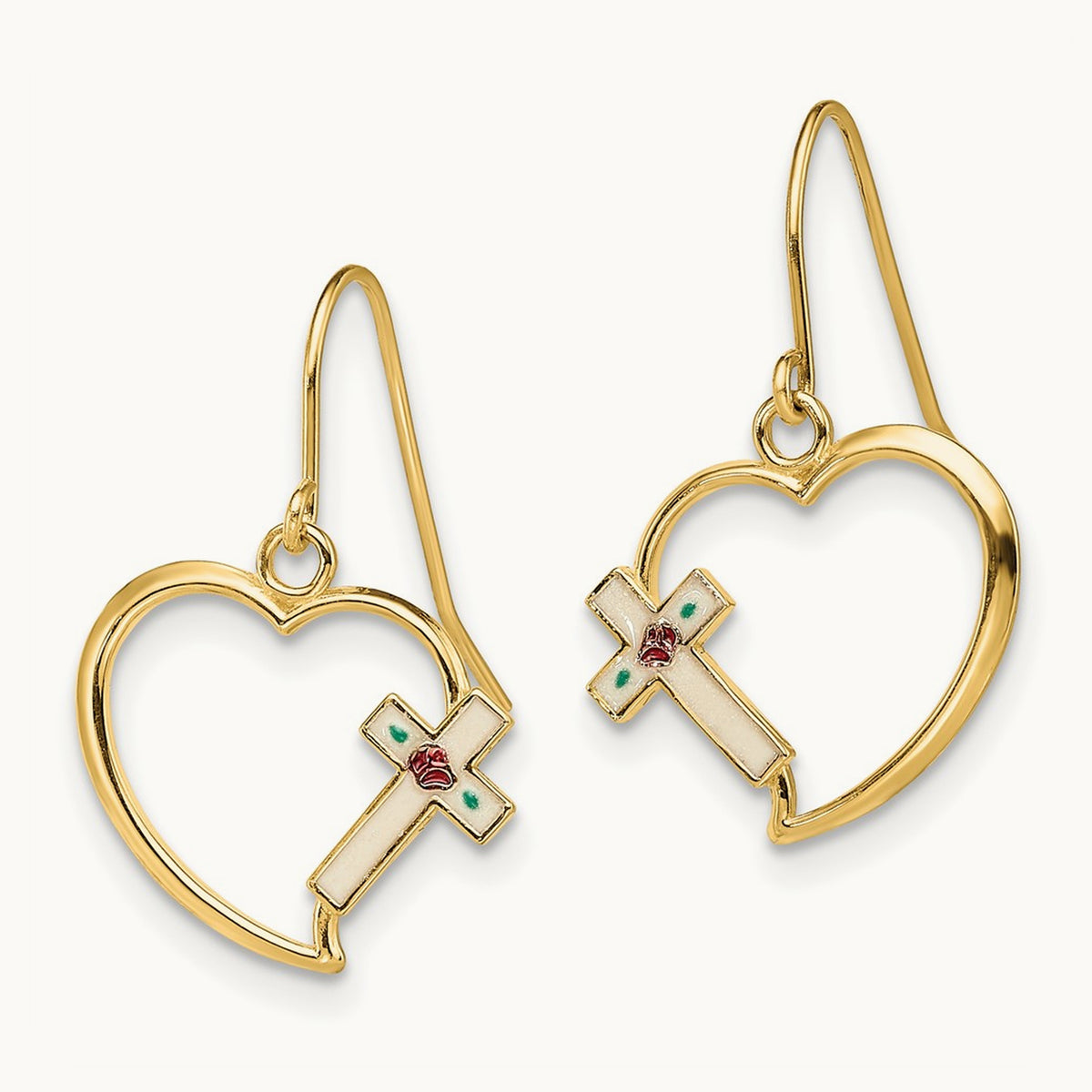 w/ Enamel Cross Heart Dangle Earrings, 14K