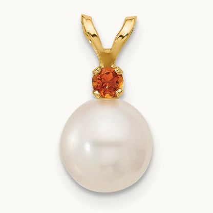 7- White Round FWC Pearl Citrine Pendant, 7.5mm, 14K