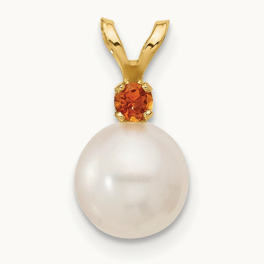 7- White Round FWC Pearl Citrine Pendant, 7.5mm, 14K