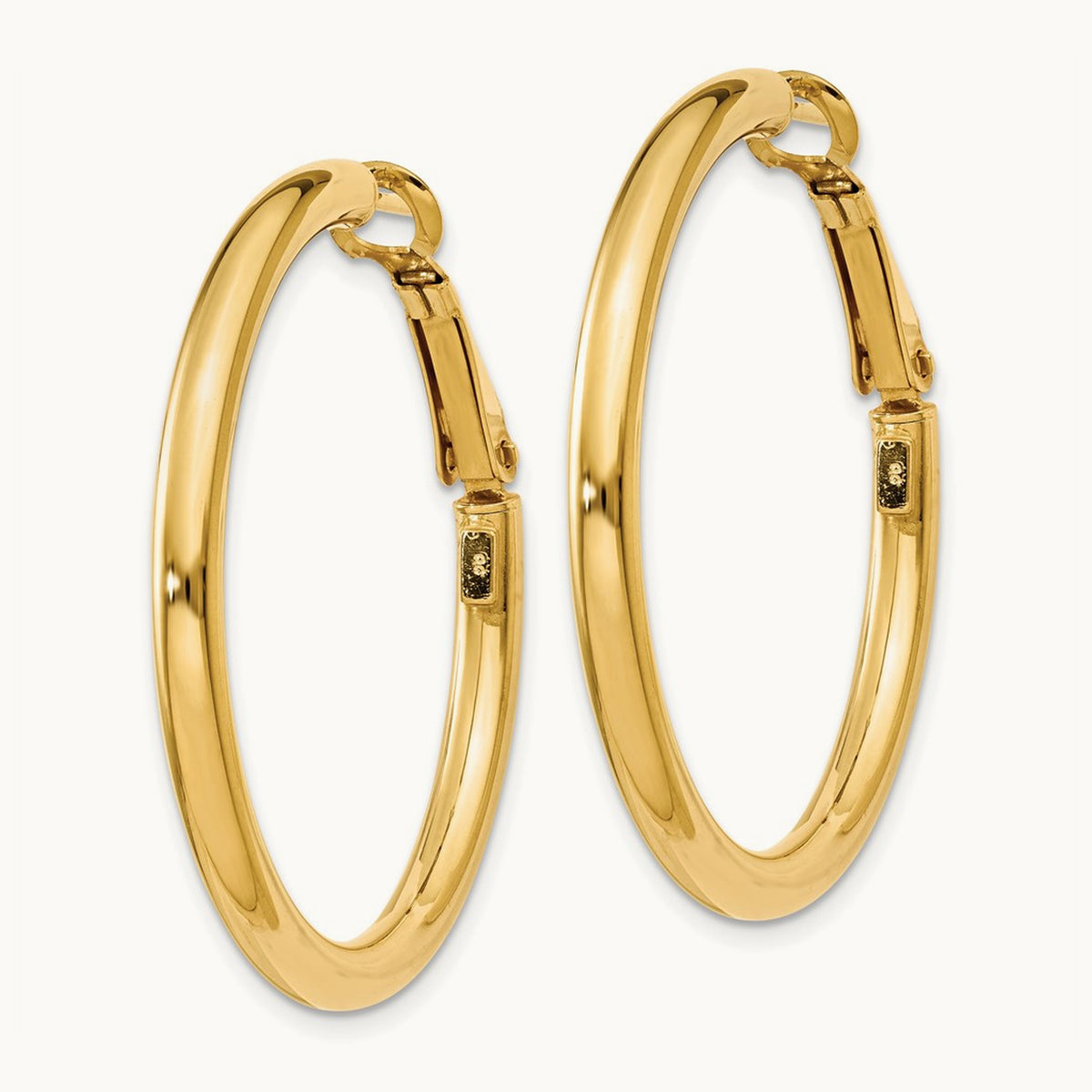 Polished Round Omega Back Hoop Earrings — 14K Yellow Gold, 3x36mm