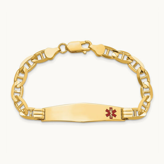 Medical Soft Diamond Shape Red Enamel Anchor Link ID Bracelet, 14K