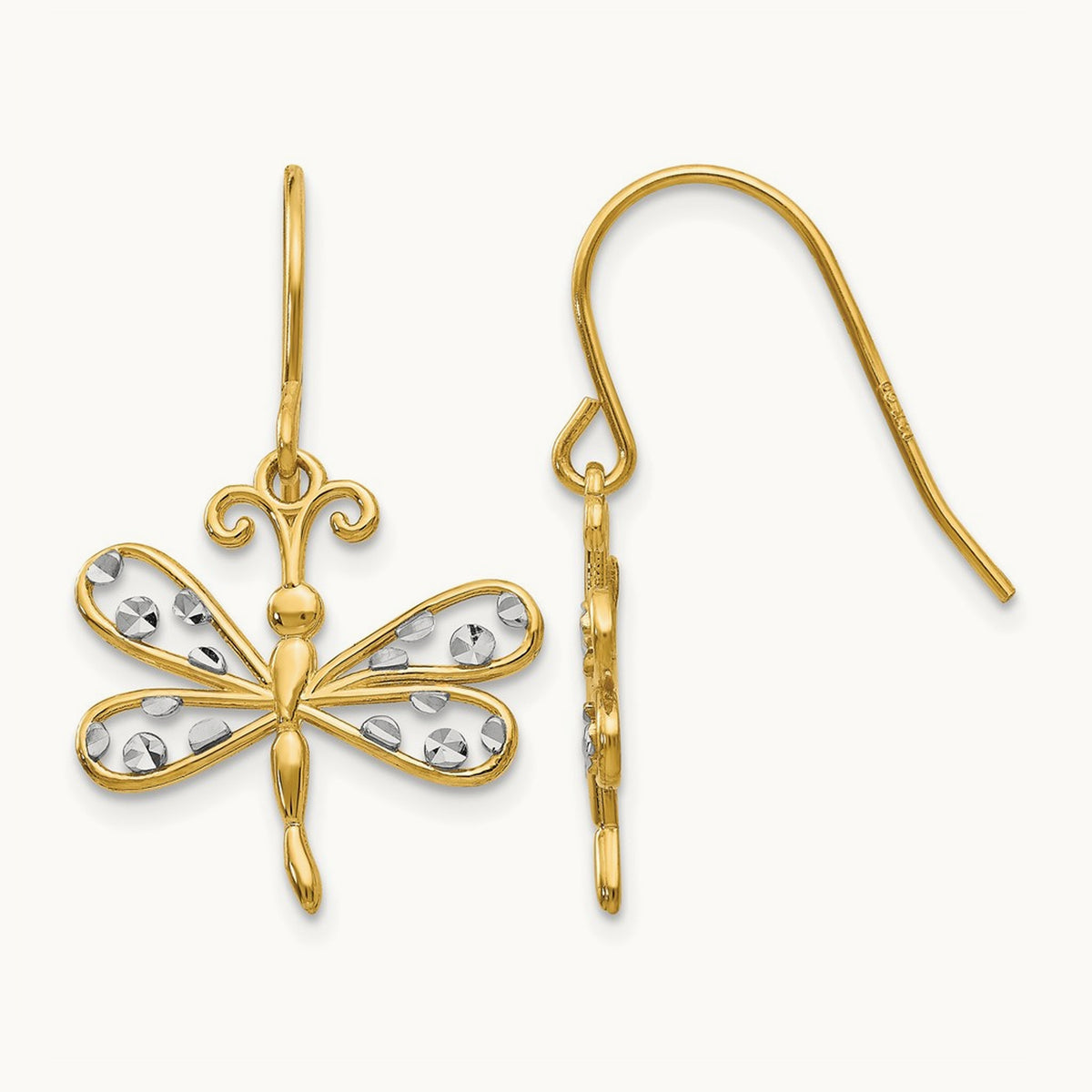 & Rhodium Diamond-cut Dragonfly Shepherd Hook Earrings, 14K