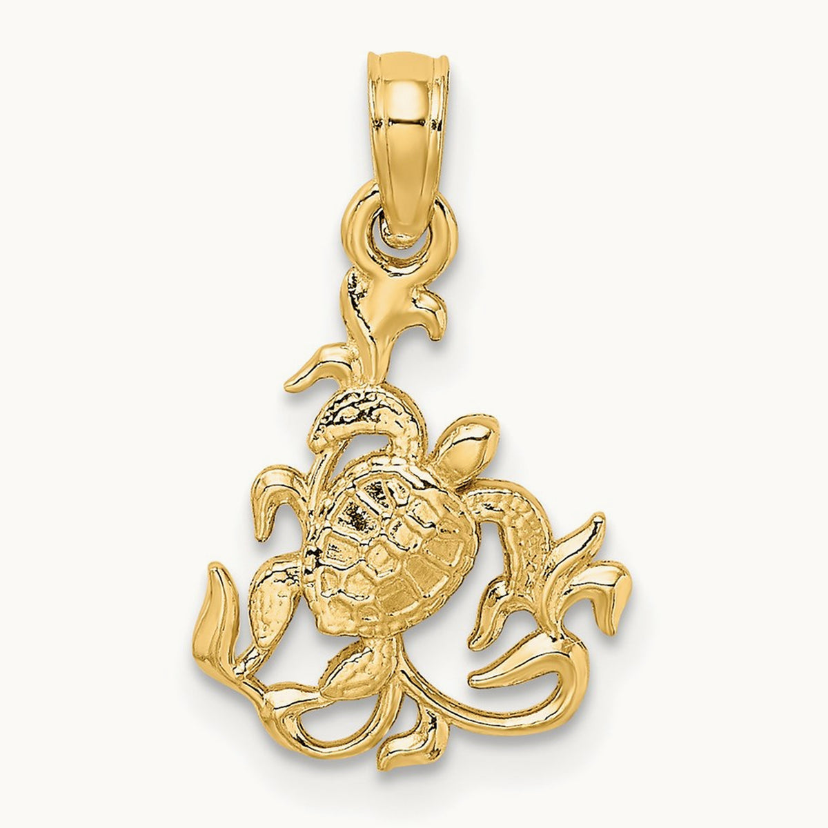 Textured Mini Sea Turtle and Kelp Charm, 14K
