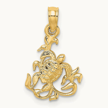 Textured Mini Sea Turtle and Kelp Charm, 14K