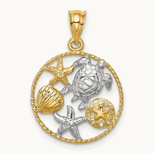 w/White Rhodium Polished Sealife Pendant, 14K