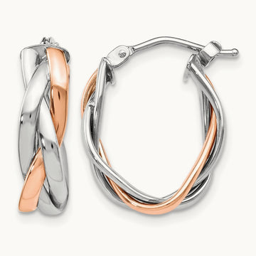 w/White Rhod and Rose Gold-plat Polished Braided Hoop Earrings, 14K — Leslie's