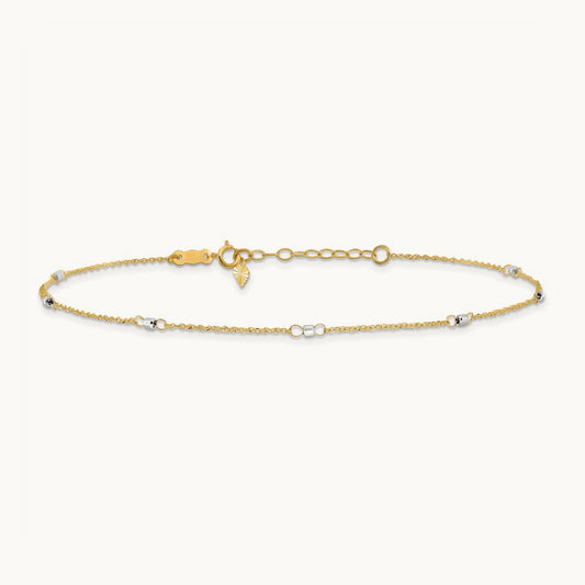 Ropa Mirror Bead 9in Plus 1in Ext. Anklet, 14K Two-tone