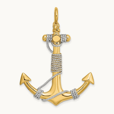 3-D Large Anchor Wrapped Rope Charm Yellow Gold with Rhodium Plating, 14K