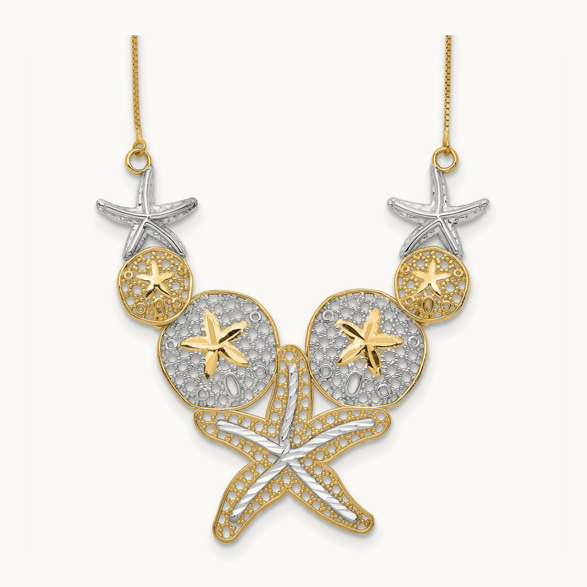 & Rhodium Diamond-cut Starfish and Sand Dollar Necklace, 14K