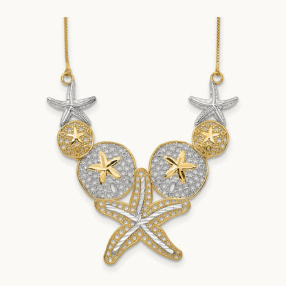 & Rhodium Diamond-cut Starfish and Sand Dollar Necklace, 14K