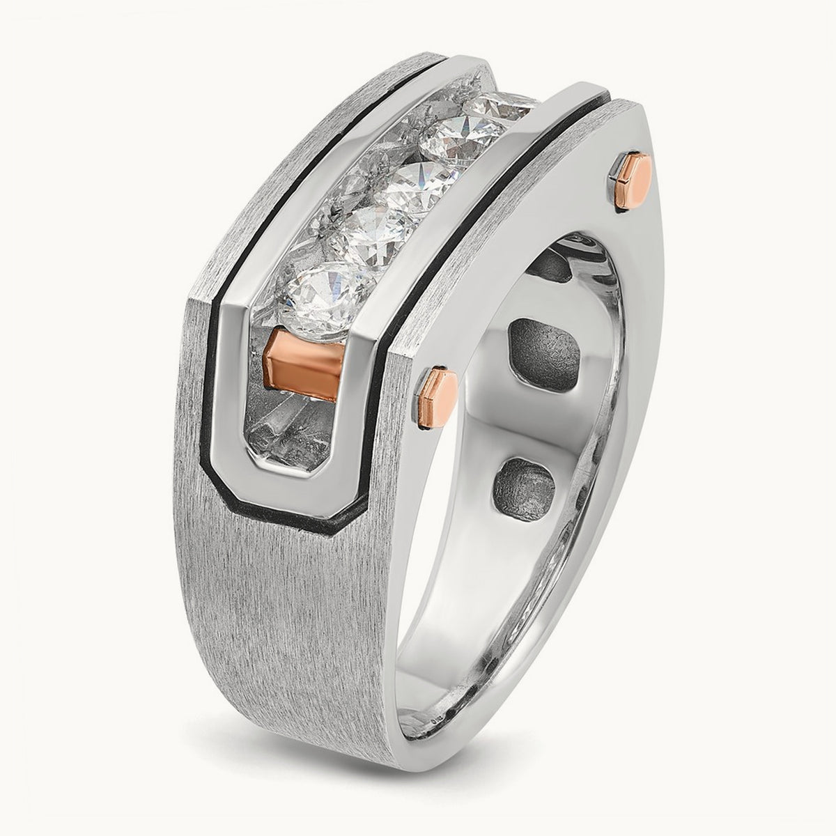 14kwr w/ Blk RH IBGoodman Men's Satin & Grooved 5-Stone Dia Ring
