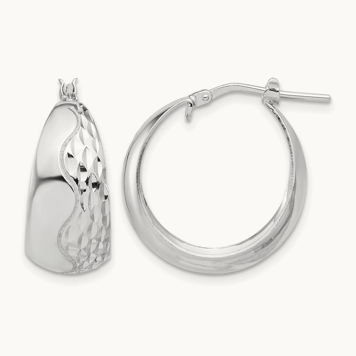 Rhodium-plated Polished and Textured Hoop Earrings, Sterling Silver — Leslie's