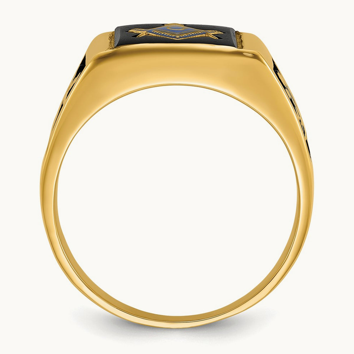Men's Polished and Textured with Black Enamel & Onyx Masonic Ring, 14K