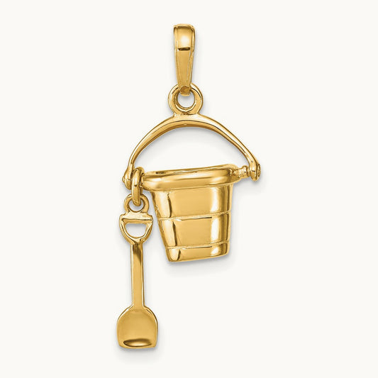Polished 3-D Moveable Pail and Shovel Pendant, 14K