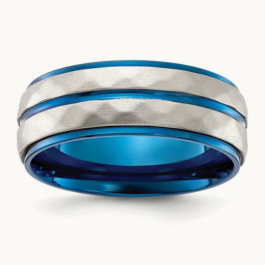 Polished and Sand-blasted Faceted Blue IP-plated Band, Stainless Steel
