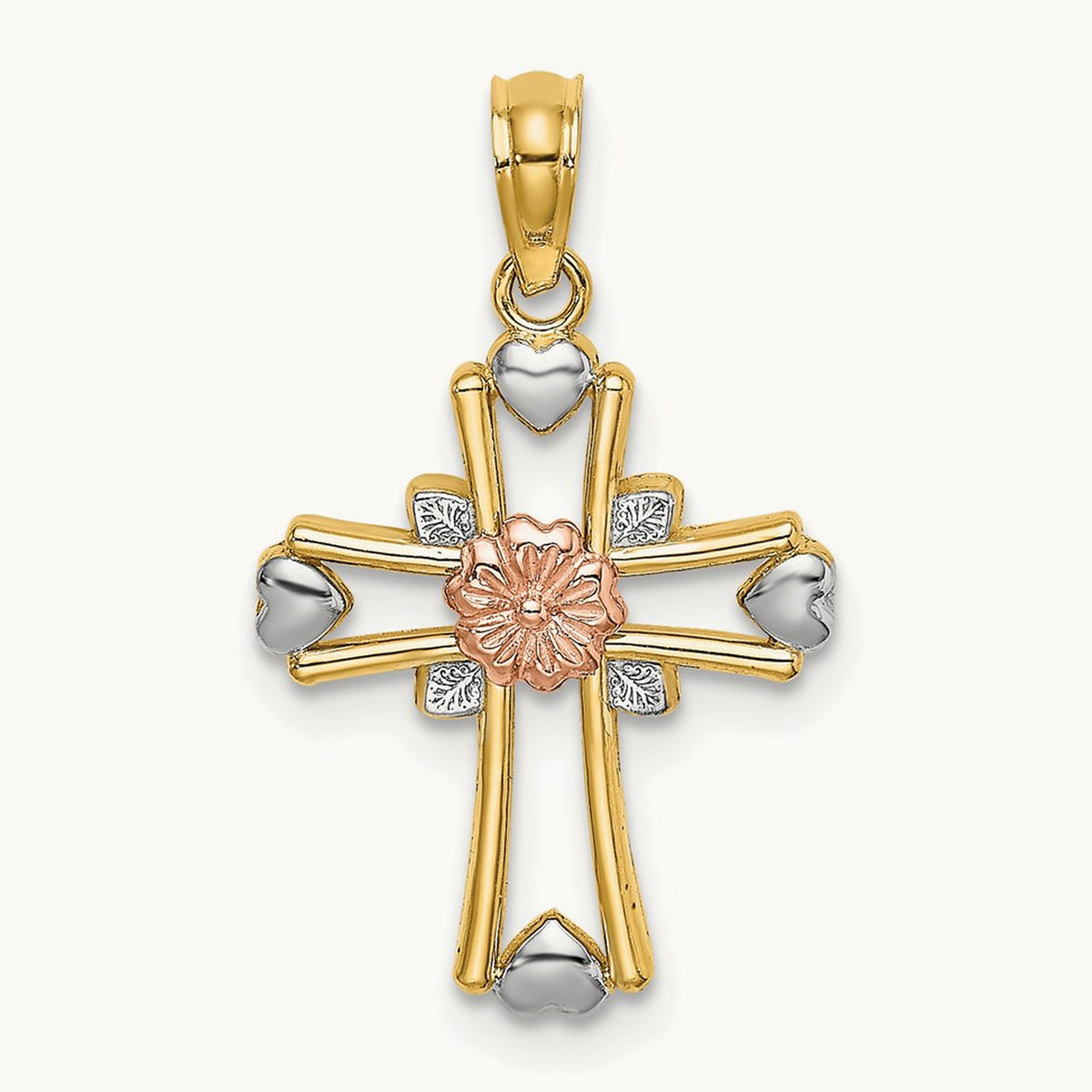 w/White Rhodium Cross w/Flower and Heart Charm, 14K Two-tone