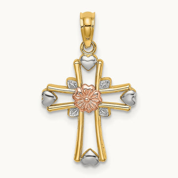 w/White Rhodium Cross w/Flower and Heart Charm, 14K Two-tone