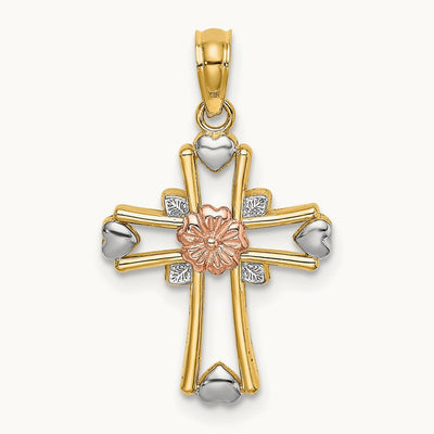 w/White Rhodium Cross w/Flower and Heart Charm, 14K Two-tone