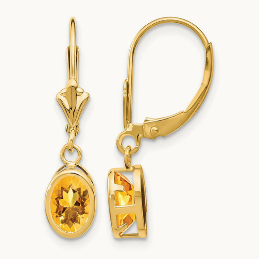 Citrine Oval Leverback Earrings, 14K